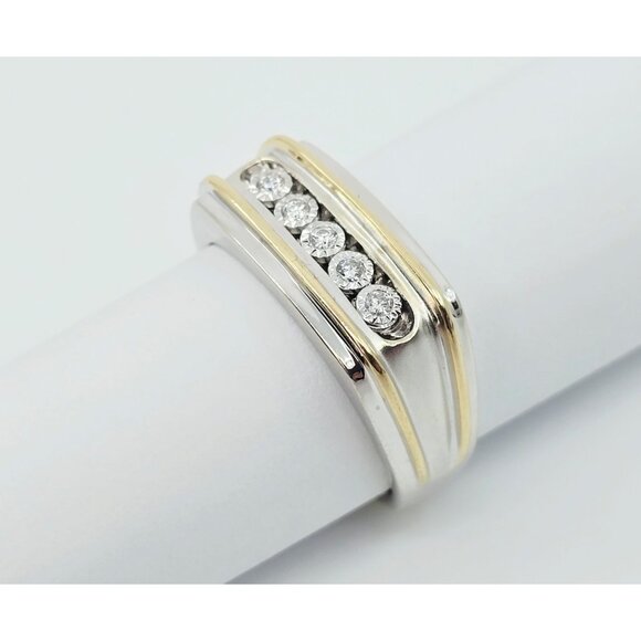 14K Two Tone Multi Color Gold Designer Channel Set Five Stone Diamond Mens Ring